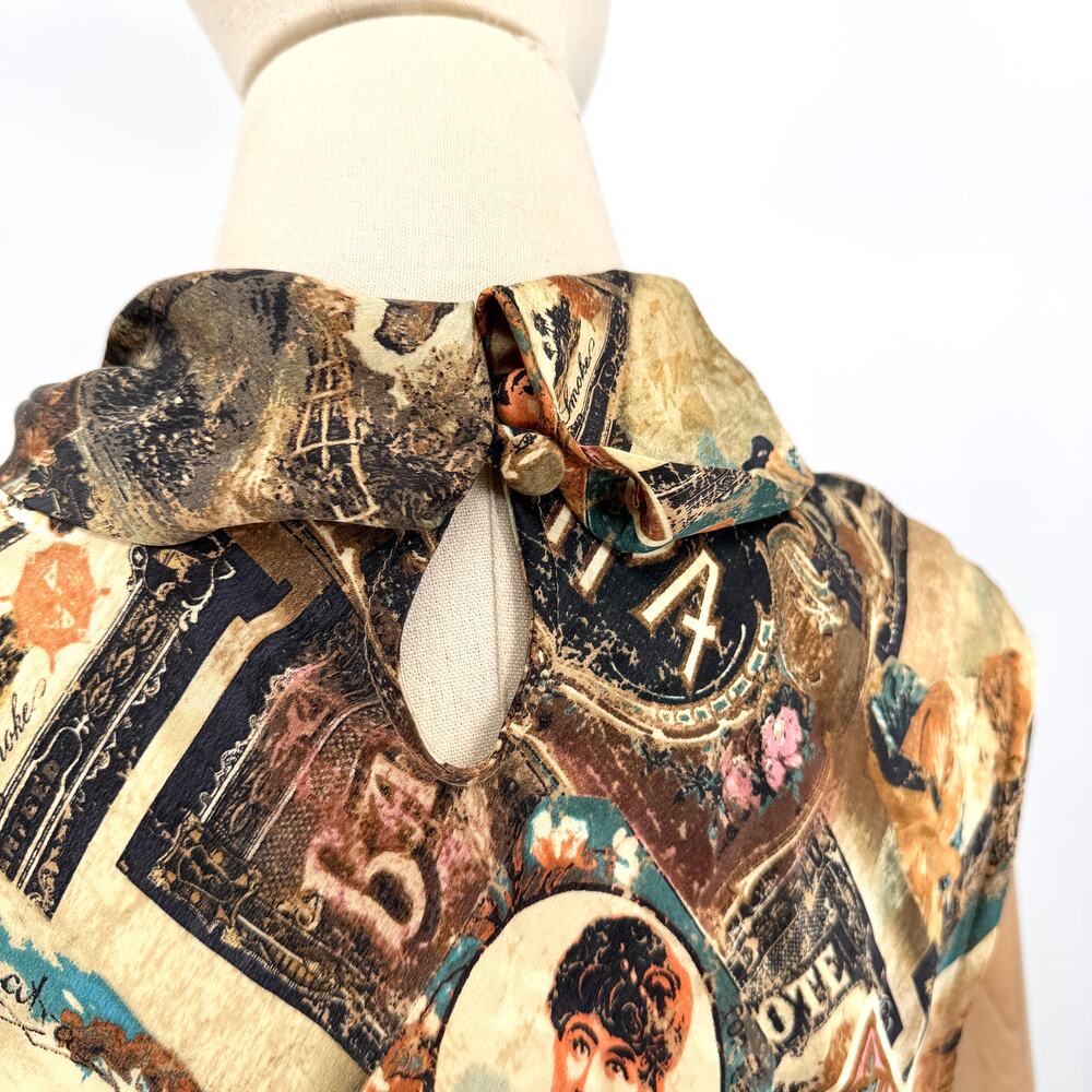 Vintage Y2K Double D Ranch Brown 100% Silk Ephemera Print Blouse Skirt Set - Picture 7 of 11